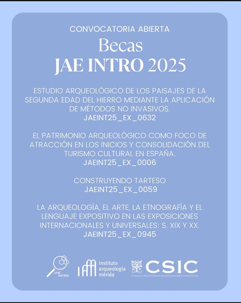 Antonio Rodríguez-Hidalgo (@whiterabbit36) on Twitter photo 📣Estas becas representan una excelente oportunidad para que l@s estudiantes adquieran experiencia práctica en investigación y se familiaricen con el entorno científico del #CSIC.
Y qué mejor entorno que el del Instituto de Arqueología en Mérida? Se ofertan 4 #JAE <a href="/IAM_CSIC/">Instituto de Arqueología-Mérida (IAM-CSIC)</a> ⬇️ 📣Estas becas representan una excelente oportunidad para que l@s estudiantes adquieran experiencia práctica en investigación y se familiaricen con el entorno científico del #CSIC.
Y qué mejor entorno que el del Instituto de Arqueología en Mérida? Se ofertan 4 #JAE <a href="/IAM_CSIC/">Instituto de Arqueología-Mérida (IAM-CSIC)</a> ⬇️