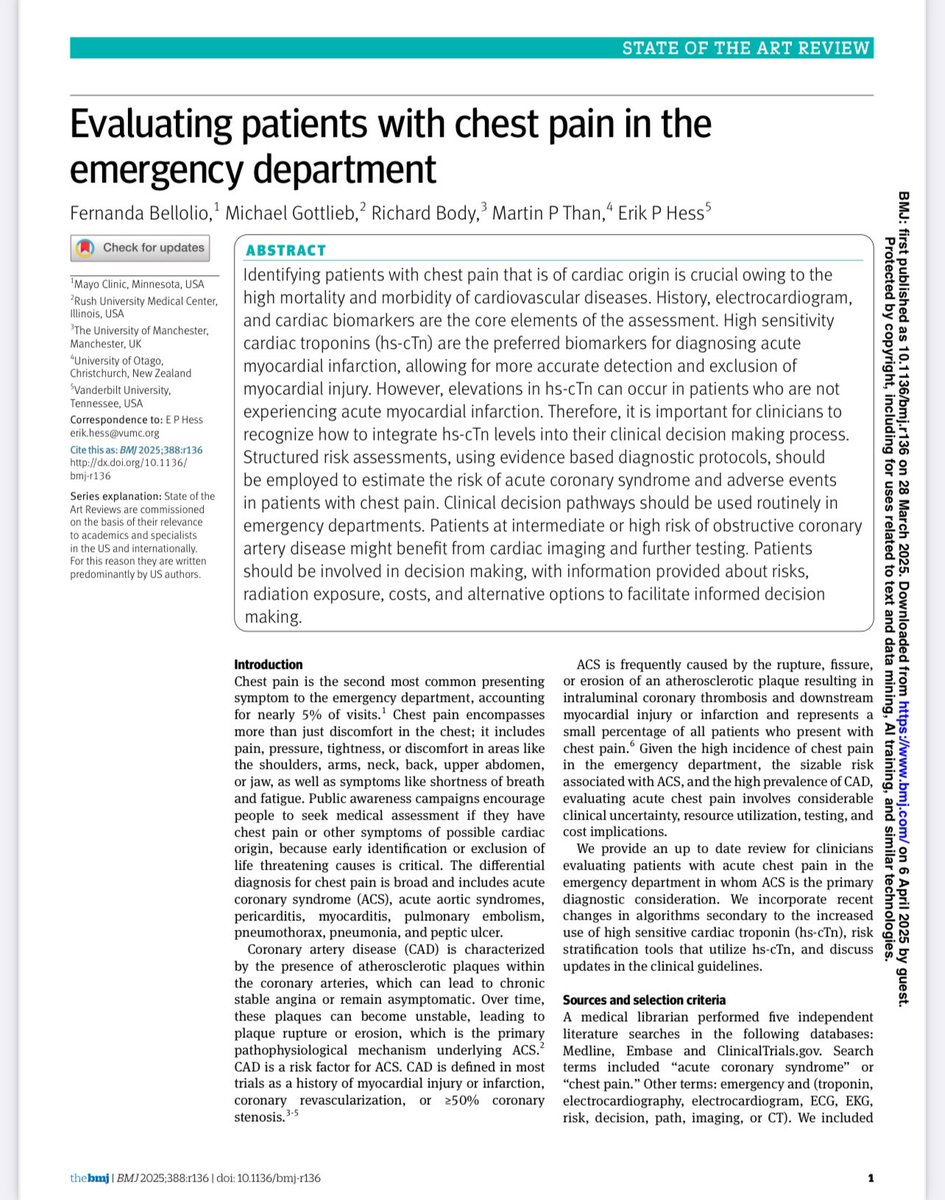 Dolor torácico en urgencias: No todo el dolor es infarto 🫀

Realiza scalas de riesgo ⚠️ 
🧪 Cuando lo necesites solicita troponinas (no ck-mb) 

🔗 bmj.com/content/388/bm…