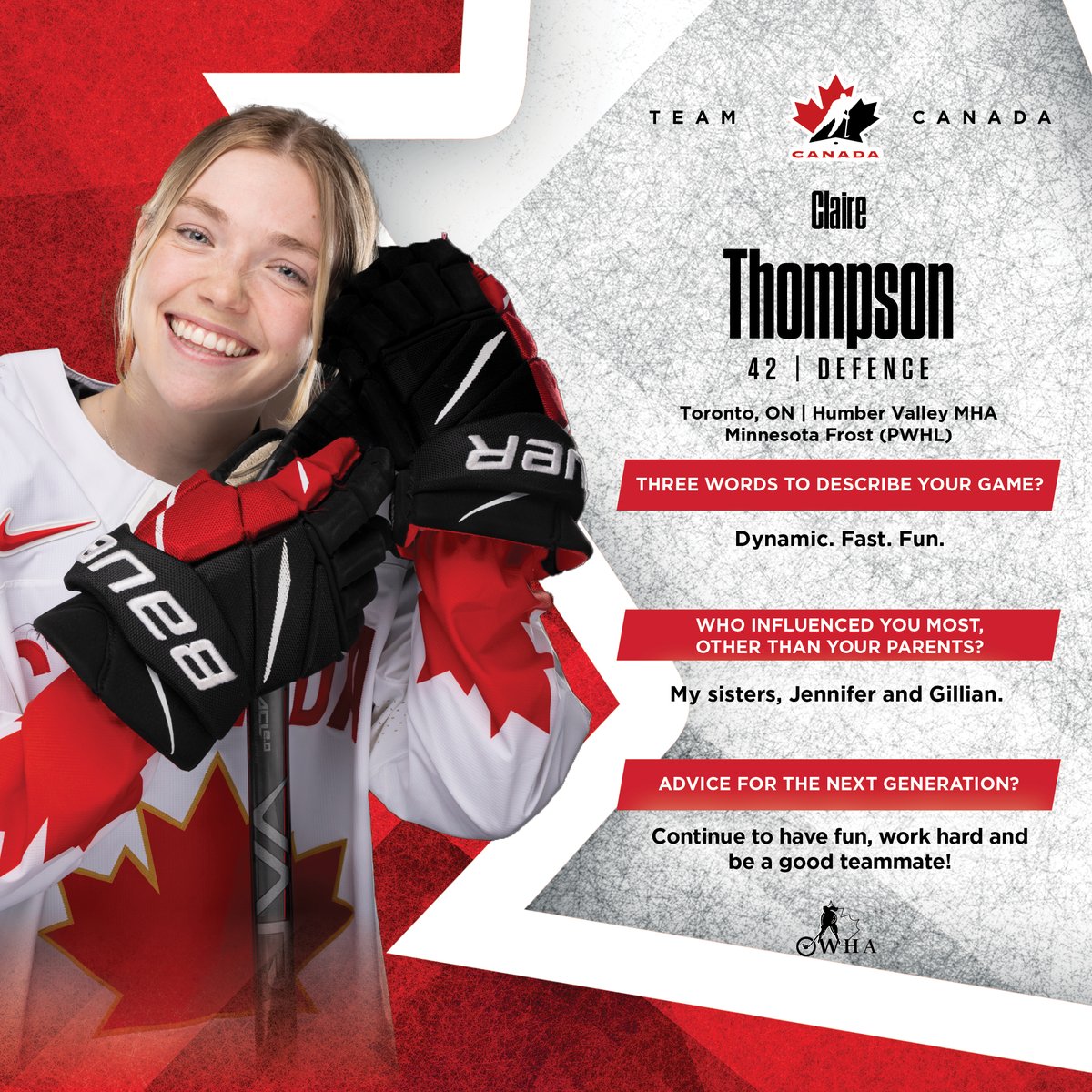HockeyCanada's tweet photo. Get to know Team Canada! 🇨🇦

Faites connaissance avec les joueuses d’Équipe Canada! 🇨🇦

🍁 Micah Zandee-Hart
🍁 Claire Thompson
🍁 @gascon_eve
🍁 @dserdachny 

#WomensWorlds | #MondialFéminin https://t.co/tBNkKUw4rj