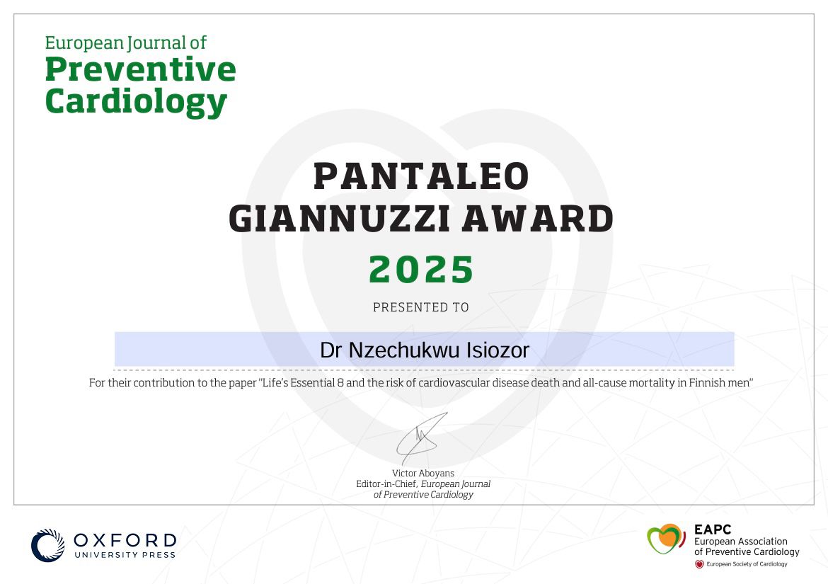 NzeMike's tweet photo. Honoured to receive this prestigious Pantaleo Giannuzzi award at the 2025 @escardio European Association of Preventive Cardiology conference. Grateful to co-authors &amp; @UniEastFinland KIHD group. A strong boost to keep working on preventing #CVD &amp; improving heart health worldwide. https://t.co/SbMo6TWV6U