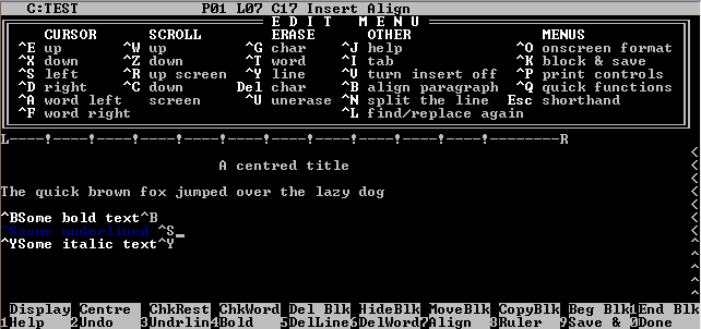 Fin de semana nostálgico. Así era la pantalla del procesador de textos (WordStar) que usábamos en la década de 1980.