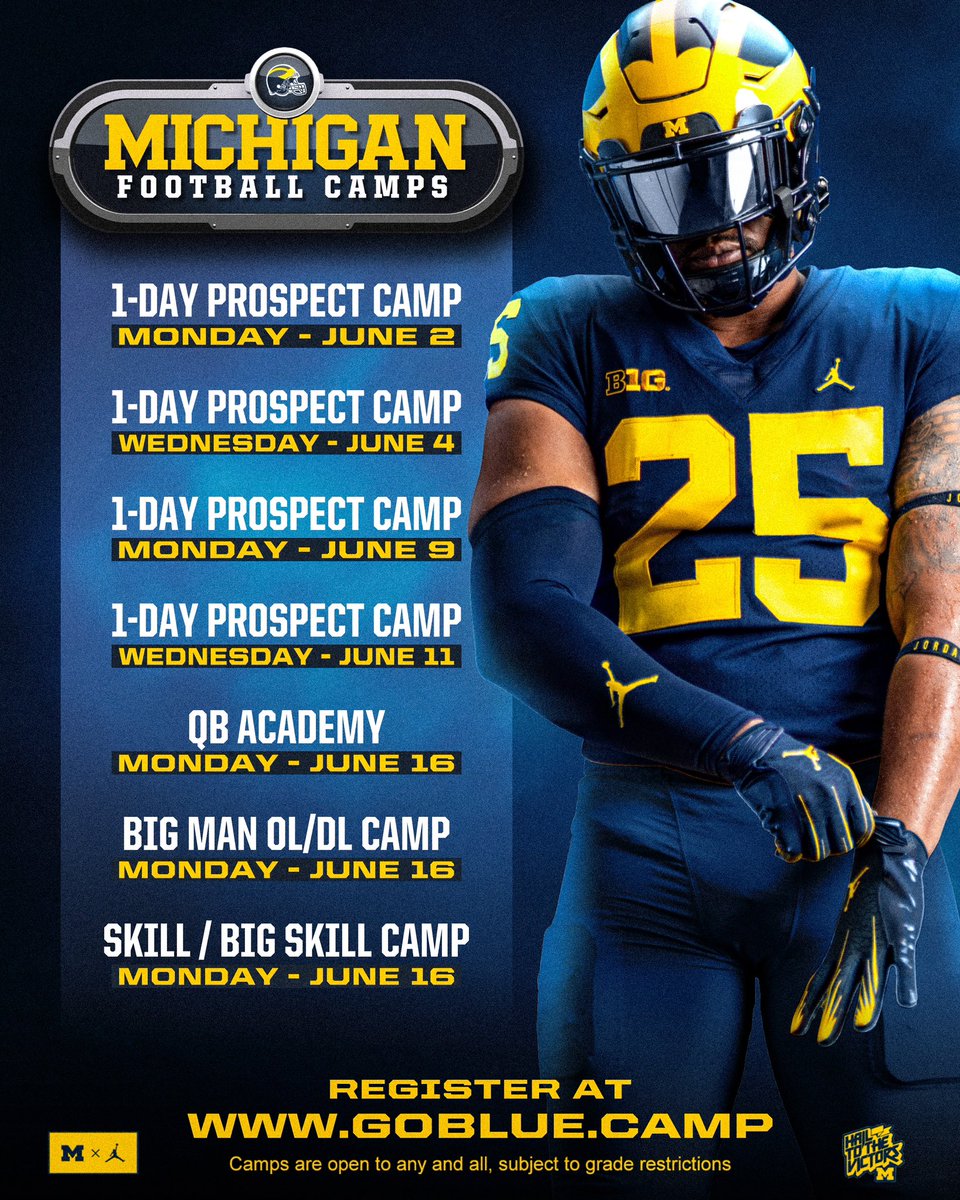 Albert Karschnia (@akarsch_um) on Twitter photo Make sure to sign up for our 2025 <a href="/UMichFootball/">Michigan Football</a> Summer Camps!! Come compete with the best of the best!!
Registration: goblue.camp
Spots are filling up fast!! #GoBlue Make sure to sign up for our 2025 <a href="/UMichFootball/">Michigan Football</a> Summer Camps!! Come compete with the best of the best!!
Registration: goblue.camp
Spots are filling up fast!! #GoBlue