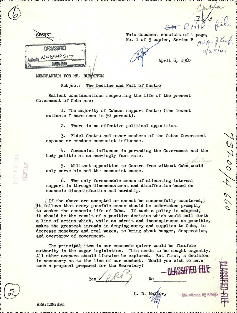 El Memorándum de Lester D. Mallory plantea el objetivo real del #BloqueoGenocida contra #Cuba: asfixiar al país, provocar un estallido social y derrocar al Gobierno.

65 años después, el reclamo de nuestro pueblo continúa: ¡#TumbaElBloqueo!
