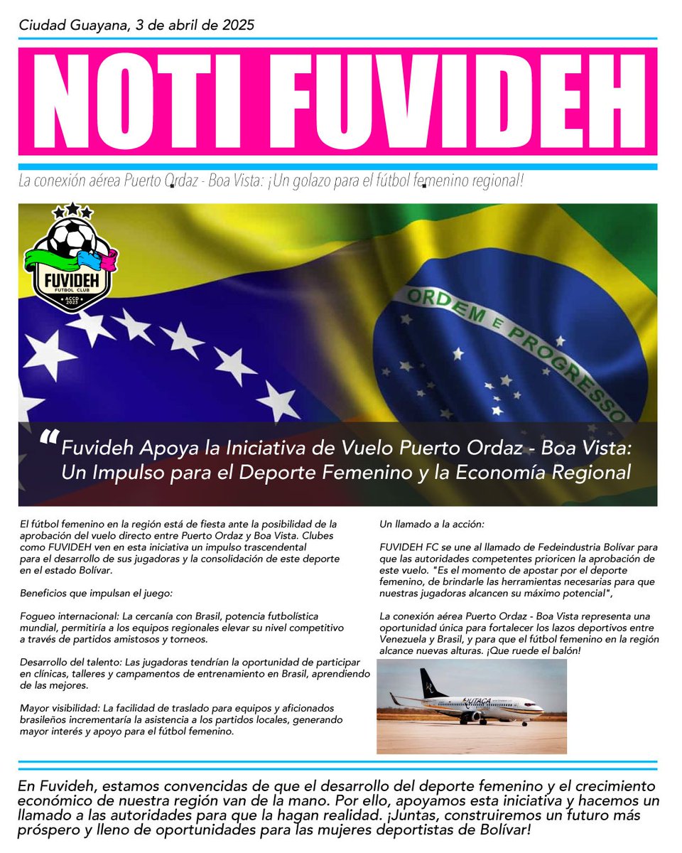 Más apoyo está vez de una escuale de Football femenino 
Apuestan al vuelo Boa Vista / Puerto Ordaz 

<a href="/delcyrodriguezv/">Delcy Rodríguez</a> <a href="/NicolasMaduro/">Nicolás Maduro</a>