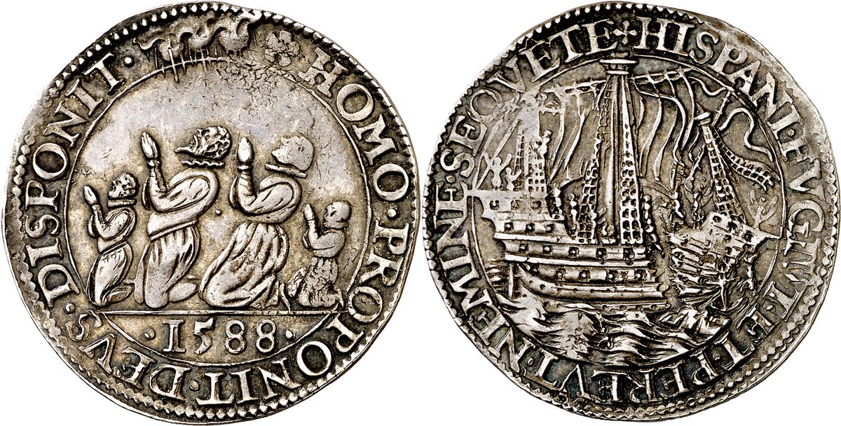 En otras épocas en las que no existían periódicos, una manera eficaz de propagar las noticias eran las monedas, las medallas o los jetones. Un curioso ejemplo es este «jeton» de plata fabricado en Dordrecht (Países Bajos) en el que se anuncia  la derrota de la Armada Invencible