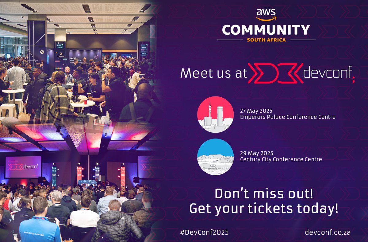 🚀 We're heading to <a href="/devconfza/">DevConf</a> 2025!
Come meet the AWS Community South Africa at the Joburg &amp; Cape Town events!
☁️Whether you're into cloud, dev, or just curious — you're welcome. Let’s connect &amp; build together!
#DevConf2025 #AWSCommunitySA #TechCommunity #Cloud #Joburg #CapeTown