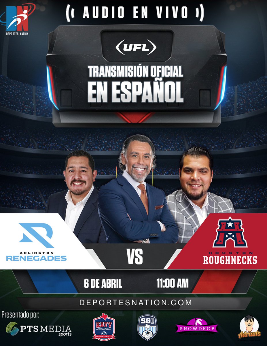 🏈Duelo Tejano HOUSTON vs. DALLAS

Los @uflroughnecks enfrentan a los @uflrenegades hoy a las 11 a.m. en busca de su primer victoria de la temporada.

Por su parte  que los Renegades vienen de una abrumadora victoria y quieren seguir su racha.

Escúcha la ACCIÓN en VIVO español