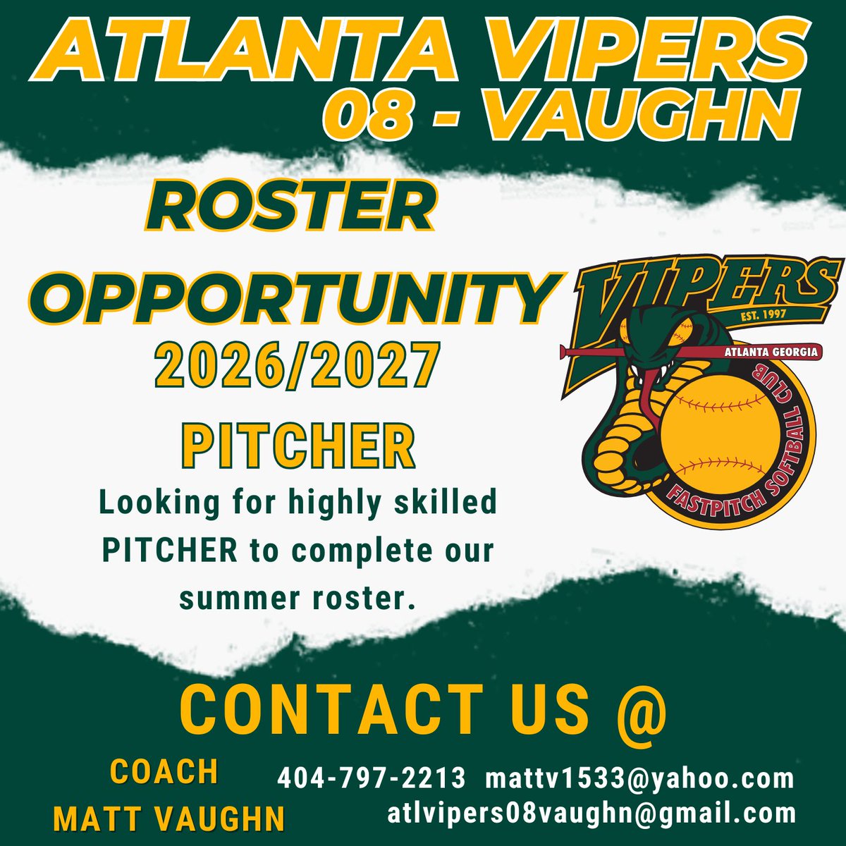 Atlanta Vipers 08 - Vaughn (@vipers08vaughn) on Twitter photo We are looking to add a pitcher to our roster! We'll be playing in top showcases and exposure events. Our pitching coach is a former All ACC pitcher and professional athlete who has trained many current and former collegiate pitchers! Come join us!#bethestandard <a href="/thevipernation/">Atlanta Vipers Fastpitch</a> We are looking to add a pitcher to our roster! We'll be playing in top showcases and exposure events. Our pitching coach is a former All ACC pitcher and professional athlete who has trained many current and former collegiate pitchers! Come join us!#bethestandard <a href="/thevipernation/">Atlanta Vipers Fastpitch</a>
