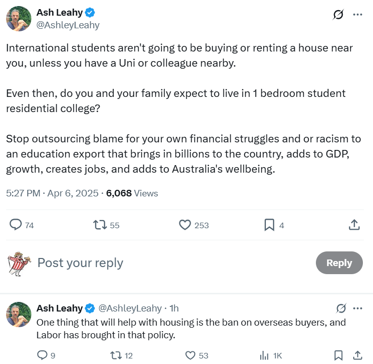 RightWing_Hack's tweet photo. @AshleyLeahy @AshleyLeahy's first post says anyone who believes foreign students increase house prices is a racist. 

@AshleyLeahy's second post congratulates Labor for having that exact same belief. 

What a dill. https://t.co/DcX6e3qLu2