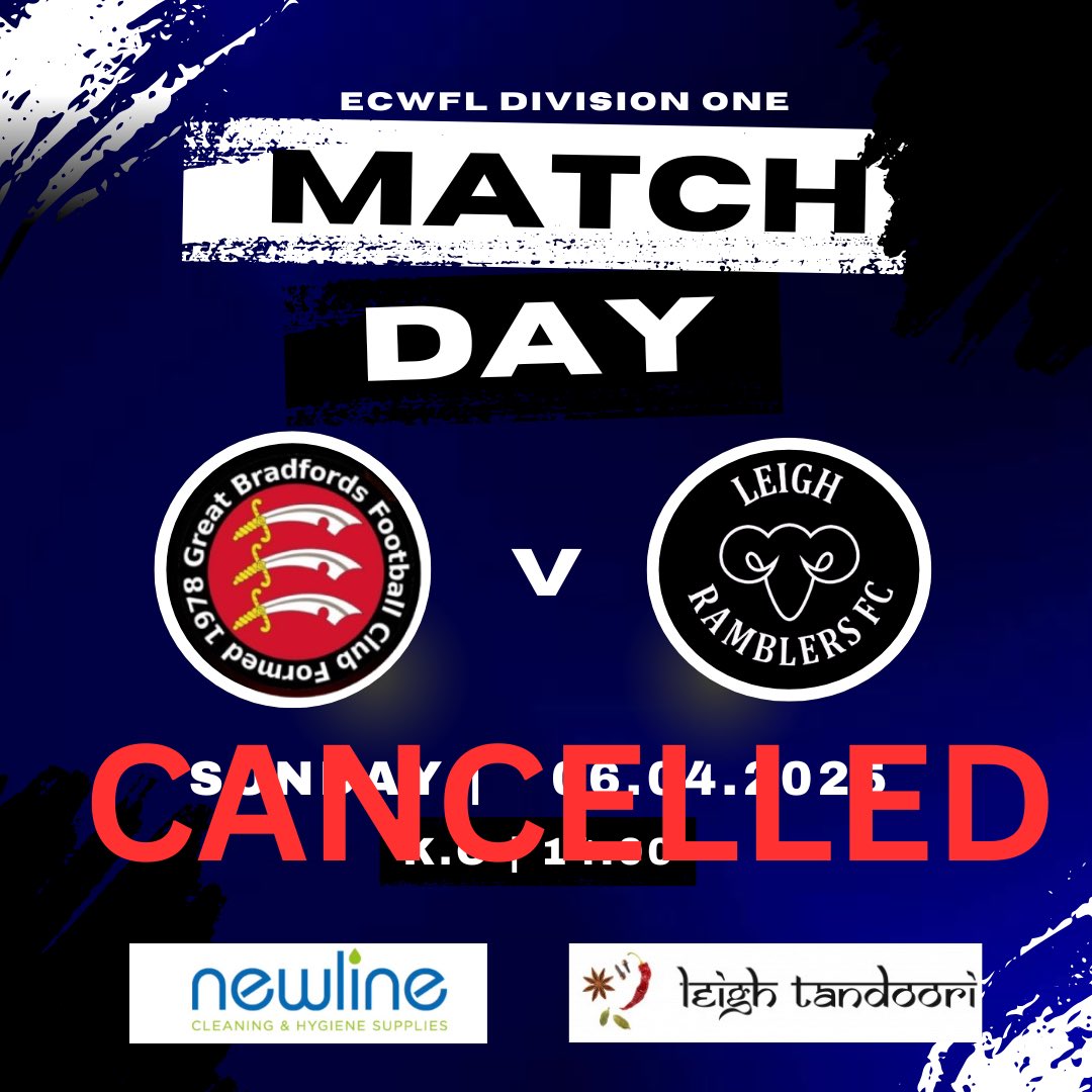 Leigh Ramblers Ladies (@ramblersladies) on Twitter photo Unfortunately our game has been called off today☹️
Good luck to Great Bradfords on the rest of the season. Unfortunately our game has been called off today☹️
Good luck to Great Bradfords on the rest of the season.