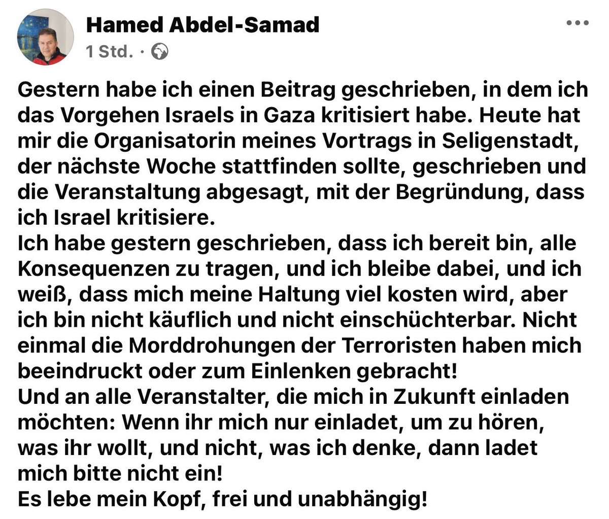War doch klar, oder? Hamed Abdel-Samad ausgeladen, weil er Israel kritisiert – und das ist erst der Anfang. Es wird sicher noch hässlicher. Deutschland erstickt die Meinungsfreiheit mit Zensur, Cancel Culture, Deplatforming und der Antisemitismuskeule. 

Das ist die typische