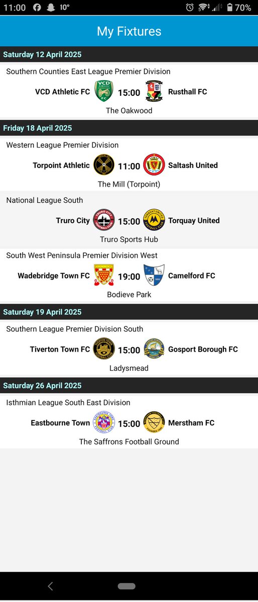 Currently this is how remaining weekends in April are looking, first visits to <a href="/vcd_club/">VCD Athletic Football Club</a> <a href="/torpointafc/">Torpoint AFC</a> <a href="/TCFC_Official/">Truro (C)ity FC</a> @TheBridger1894 <a href="/tivertontownfc/">Tiverton Town FC</a> &amp; <a href="/eastbournetfc/">Eastbourne Town FC</a> on the cards....👌👌👌 #nonleague #nonleaguefootball