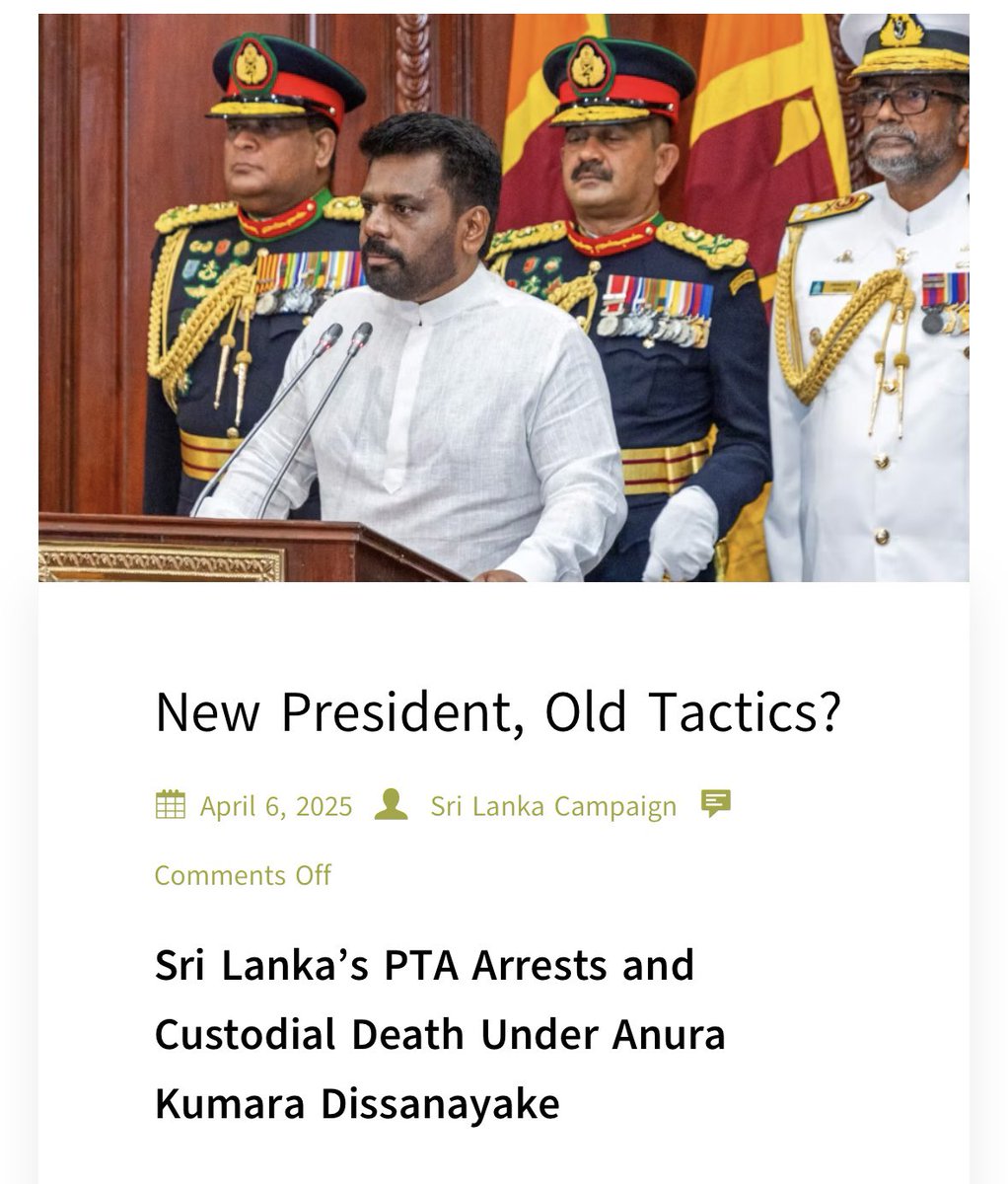 SLcampaign's tweet photo. Six months into @anuradisanayake presidency, Sri Lanka’s abusive tactics persist. A young man jailed over a Gaza sticker, a Sinhalese man dead in police custody, a Tamil father arrested for a Facebook post. What happened to promises of reform? Read our latest blog: https://t.co/ovuZof91uF