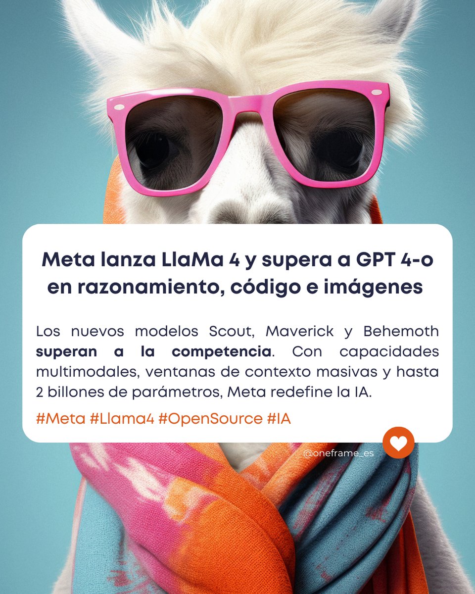 oneframe_es's tweet photo. (1/5) Lo último en IA - 6 de abril 👇

🧠 Meta lanza LlaMa 4 y supera a GPT-4-o

#ia #meta #llama https://t.co/xKNvatFUuC