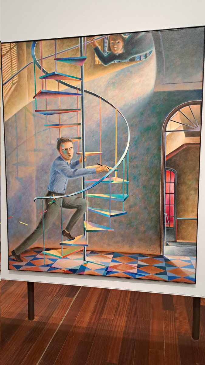 tiottropio's tweet photo. Emilio subiendo al tercero a arreglar un enchufe. Óleo sobre lienzo. https://t.co/Wujh8rASME