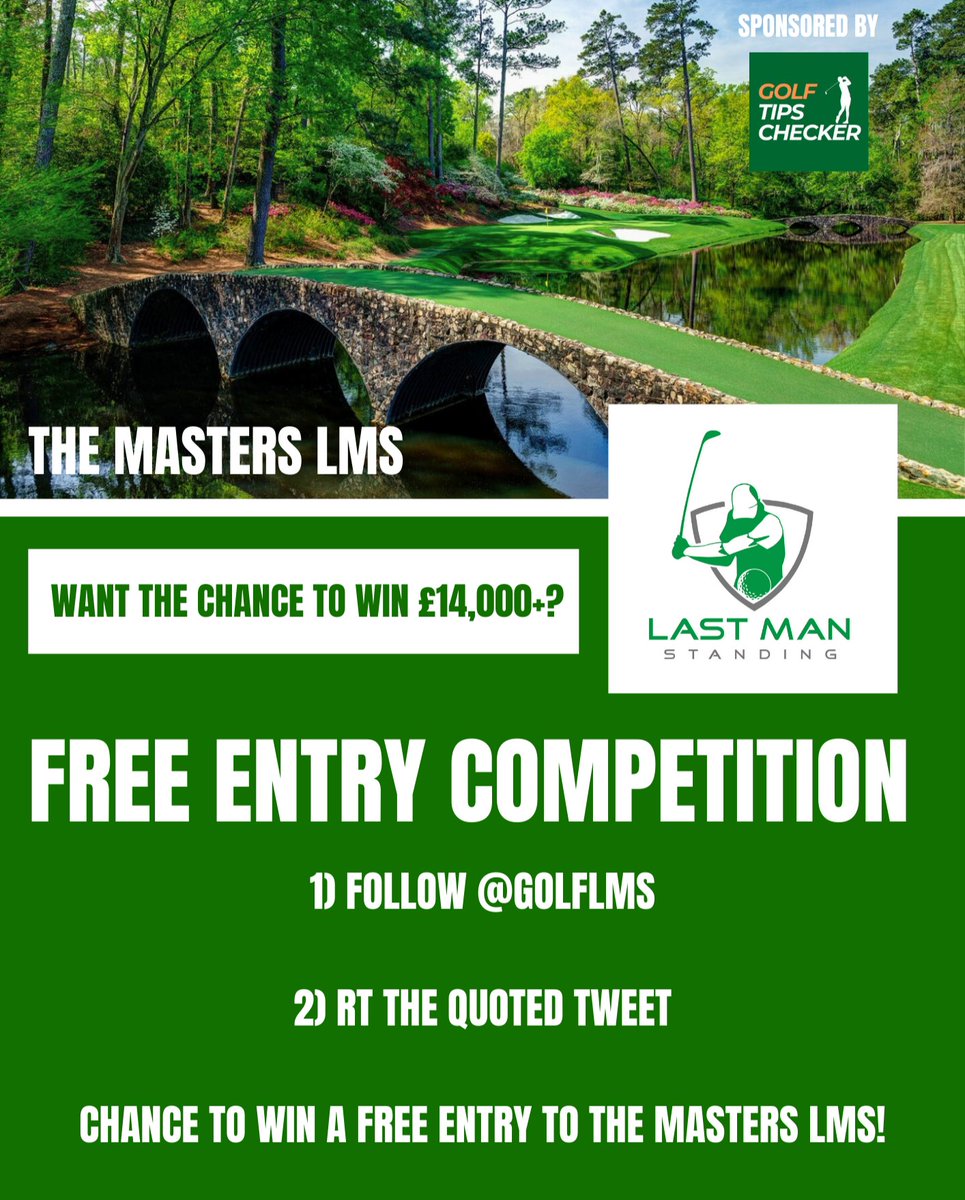 GolfLMS's tweet photo. What's better than the chance to win £14,000 from a tenner? 👀

The chance at winning it it for FREE 🤯

You only have to do two things to enter

1) Follow @GolfLMS

2) RT the quoted tweet

It's really that simple! It's a no brainer if you want to win big at #TheMasters

Sponsored by @GolfTipsChecker