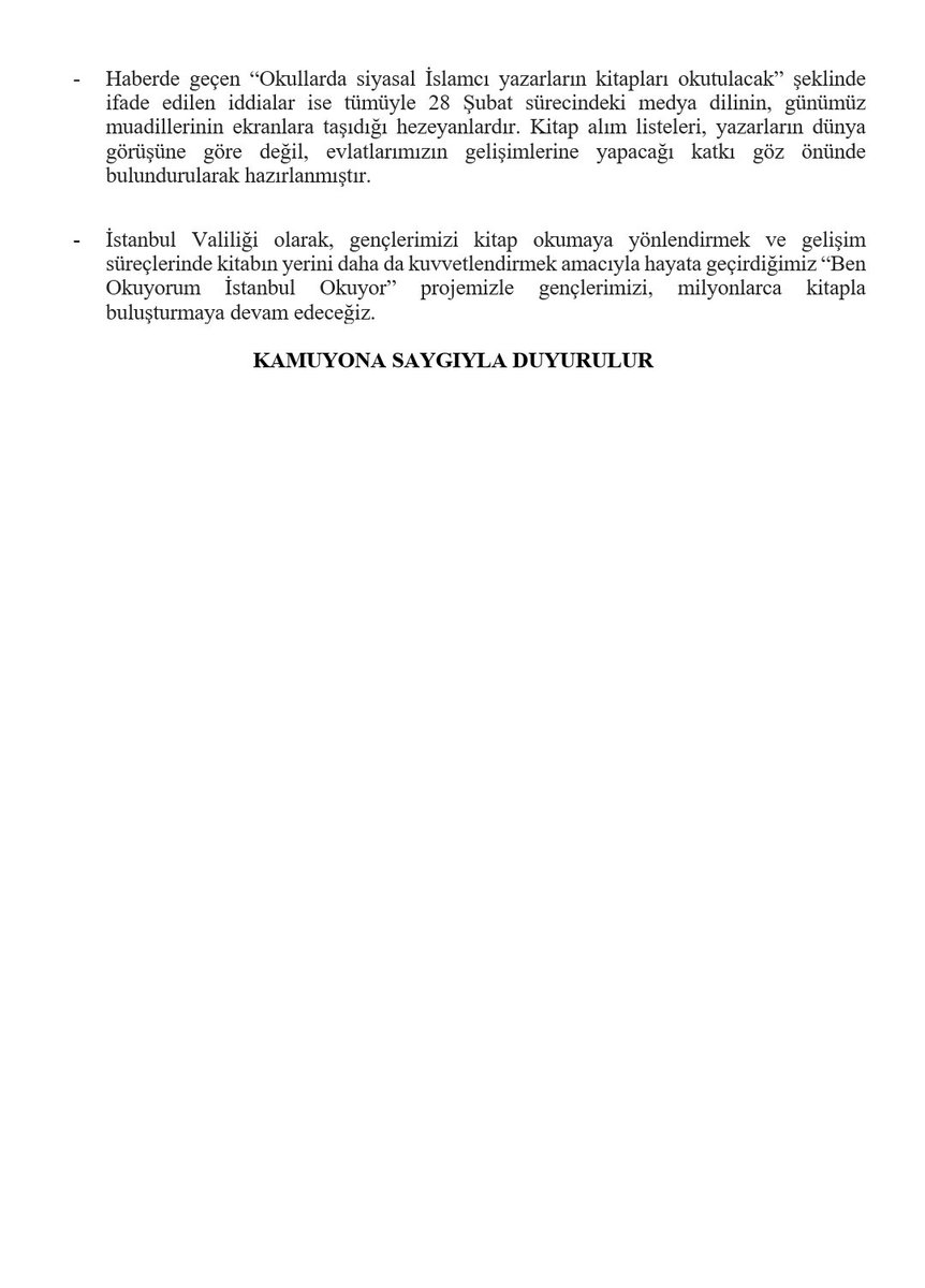 TC_istanbul's tweet image. 05.04.2025 Cumartesi günü Sözcü Gazetesi ve Sözcü TVde yayınlanan haberde, Valiliğimizce hayata geçirilen “Ben Okuyorum İstanbul Okuyor” projesine atıfta bulunan iddialara ilişkin basın açıklaması...

🔗istanbul.gov.tr/basin-aciklama…