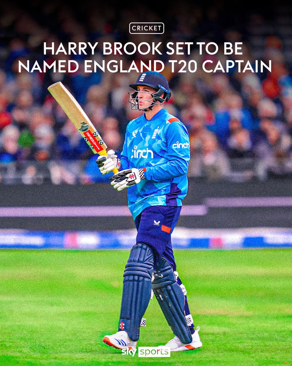 SkySportsNews's tweet photo. Harry Brook is set to be named England T20 captain after Jos Buttler stepped down as the white ball captain after a disappointing Champions Trophy 🏴󠁧󠁢󠁥󠁮󠁧󠁿🏏 https://t.co/rErMQvoIU5