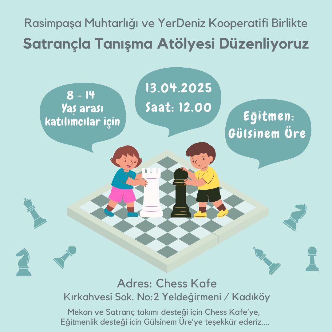 Satrançla tanışmaya var mısınız? Haydi çocuklar gelin Gulsinem öğretmenle birlikte satranç için ilk adımları birlikte atalım. 
Detaylı bilgi almak ve atölyemize katılmak isterseniz 0552 6504034 no'lu kurumsal hattımızdan bize ulaşabilirsiniz 
#satranç #yaşamıbirlikteörgütlüyoruz