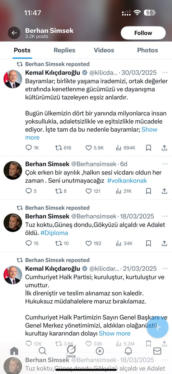 18 Mart’tan bugune yasanan olaylarla alakali 1 tweet haricinde hicbir paylasim yok. Bugunku kurultayla alakali 5-6 tane heyecanli/sinirli tweetler var. Burdan bakinca kisisel ihtiras gibi okuyorum. Ulkenin temel meselesi degil de, kendi kisisel hirs ve hedefleriniz icin mucadele.