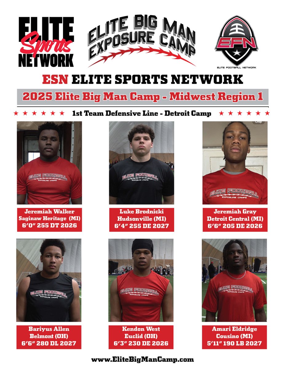 2025 23rd Annual #EliteBigManCamp Midwest Region #Detroit 1st Team #DefensiveLine <a href="/bariyus53allen/">Bariyus Allen</a> <a href="/LukeBrodnicki/">Luke Brodnicki</a> <a href="/kendonwest2026b/">Kendon West</a> <a href="/JeremiahGrayD1/">Jeremiah gray</a>  <a href="/JeremiahWa15905/">Jeremiah Walker</a> <a href="/23_cantbestop/">Amari Eldridge</a>