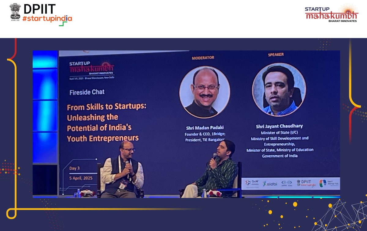 At #StartupMahakumbh2025, Hon'ble Minister Shri Jayant Chaudhary shared a powerful vision for #FutureEntrepreneurs, brilliantly moderated by Shri Madan Padaki!

"Entrepreneurial thinking isn't just mindset—it's a skill seeded young. Leaders forge through fire &amp; perseverance."