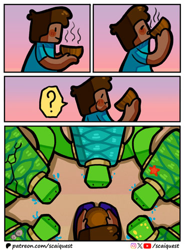 ScaiQuest's tweet image. 🥳New comic: "Shell-shocked"! A study in absurdity and trauma. 😵‍💫

👀Join us on Patreon (patreon.com/scaiquest) for early &amp;amp; behind-the-scenes access, HD art and bonus panels!

#minecraft #minecraftcomic #minecraftart