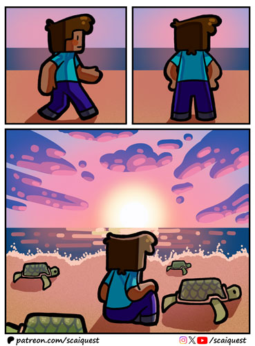 ScaiQuest's tweet image. 🥳New comic: "Shell-shocked"! A study in absurdity and trauma. 😵‍💫

👀Join us on Patreon (patreon.com/scaiquest) for early &amp;amp; behind-the-scenes access, HD art and bonus panels!

#minecraft #minecraftcomic #minecraftart
