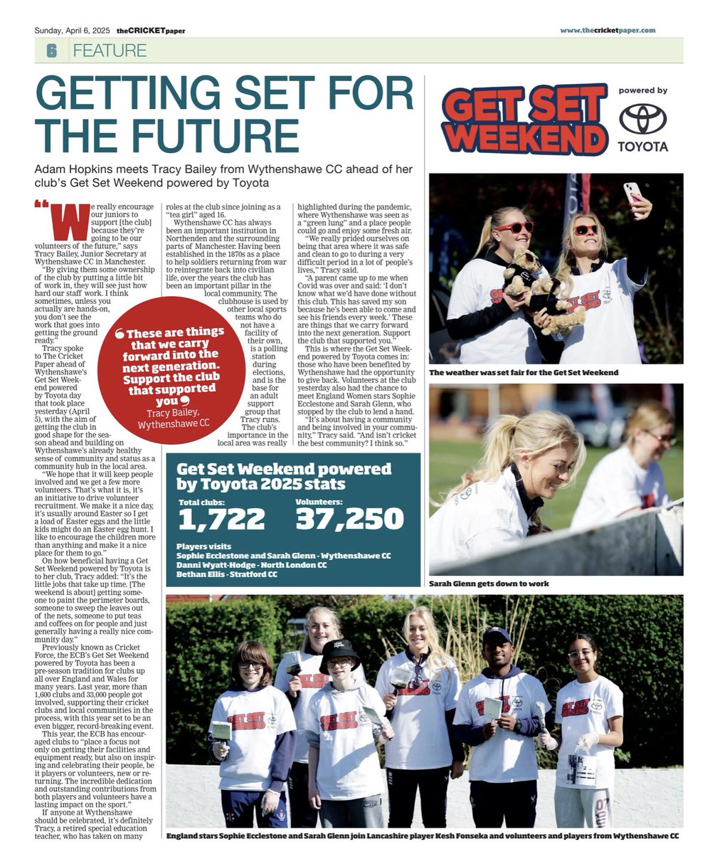 WythenshaweCC/Sports (@wythycc_sports) on Twitter photo Wow!! We’ve only gone & got a FULL page on our awesome <a href="/ECB_cricket/">England and Wales Cricket Board</a> ‘Get Set Weekend’ powered by <a href="/ToyotaUK/">ToyotaUK</a> from yesterday here at Wythenshawe CC, being a volunteer & helping your local club really is a great way to be involved 😊 🏏🌟
The Cricket Paper: thecricketpaper.com/subscriptions/ Wow!! We’ve only gone & got a FULL page on our awesome <a href="/ECB_cricket/">England and Wales Cricket Board</a> ‘Get Set Weekend’ powered by <a href="/ToyotaUK/">ToyotaUK</a> from yesterday here at Wythenshawe CC, being a volunteer & helping your local club really is a great way to be involved 😊 🏏🌟
The Cricket Paper: thecricketpaper.com/subscriptions/