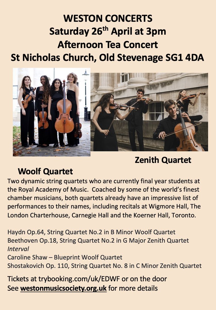 Book now to see two string quartets from <a href="/RoyalAcadMusic/">Royal Academy of Music</a> -a great way to welcome the Spring <a href="/BBC3CR/">BBC Beds, Herts & Bucks</a> <a href="/ClassicFM/">Classic FM</a> <a href="/BBCRadio3/">BBC Radio 3</a> <a href="/musicatherts/">Music at Herts</a> <a href="/HMSStevenage/">Stevenage Music Centre</a>