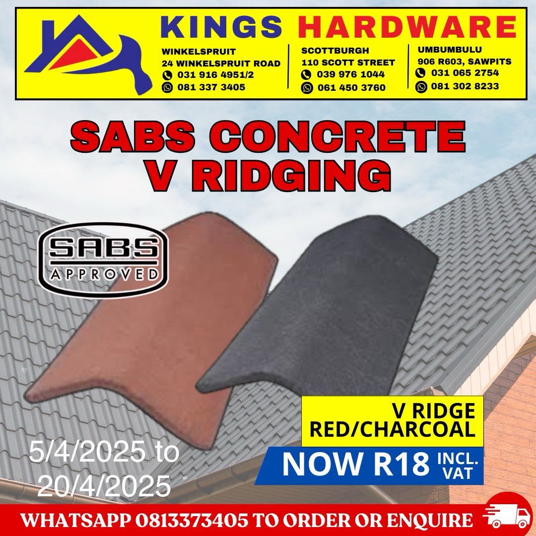 KingsHardware1's tweet photo. Roof Concrete V Ridging SABS Approved 
TOP QUALITY 👌 https://t.co/evRvgrC5I2