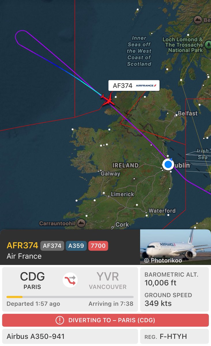 Shauns_Aviation's tweet photo. 🚨Emergency🚨 

Air France flight #AF374 / #AFR374 is currently squawking 7700 indicating a general emergency, As per @flightradar24, The aircraft is returning to Paris CDG.

The reason for the Emergency is currently unknown, I will update in due course.

Thread 🧵 

#aviation #AvGeek #DublinAirport #Ireland #Planes #Emergency #airfrance #Planespotter #France