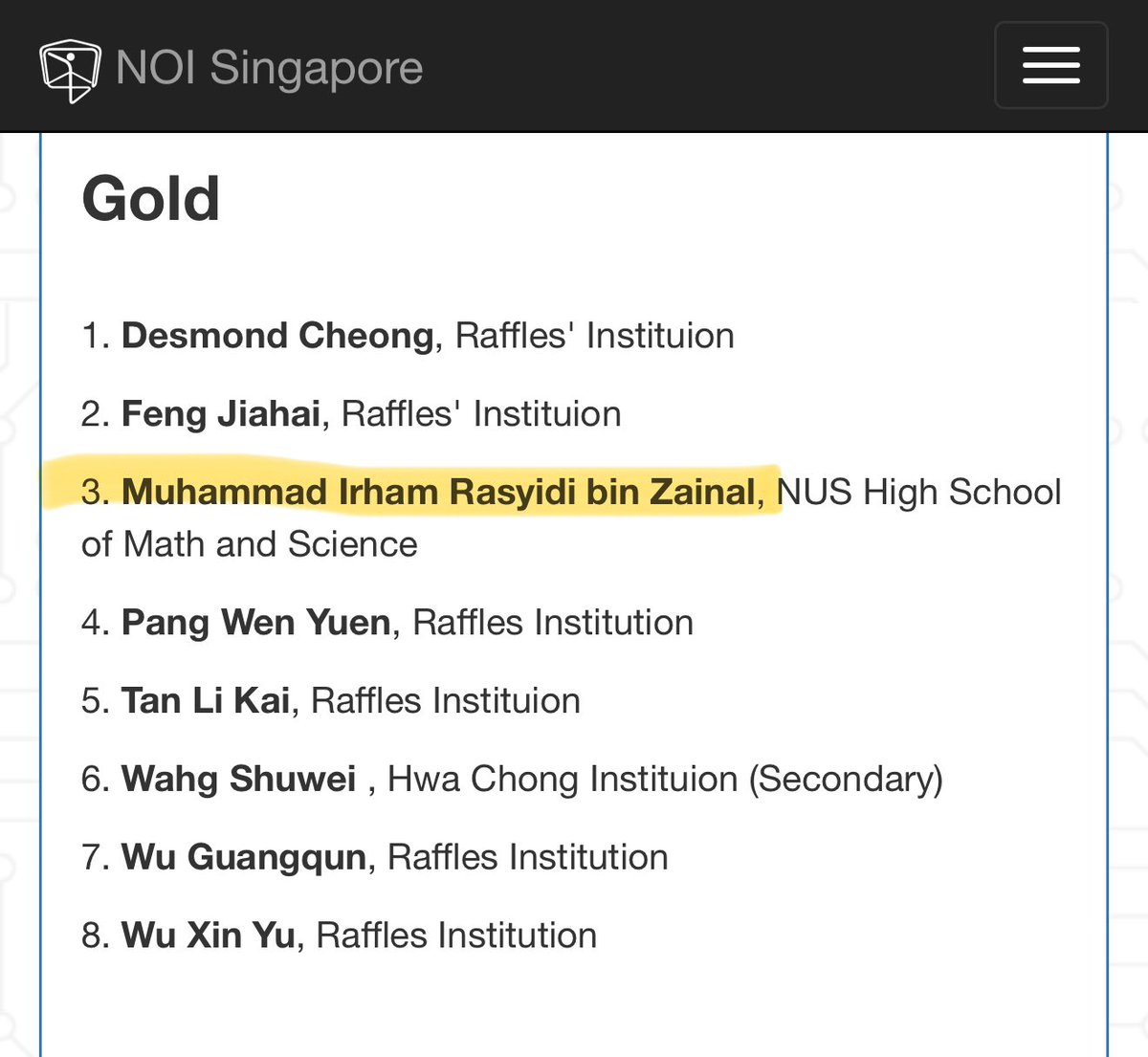 Ternyata sudah 11 tahun sejak terakhir kalinya ada anak Melayu/Muslim Singapura yang mendapatkan Gold NOI (National Olympiad in Informatics), yakni M Irham Rasyidi di tahun 2014

Sampai akhirnya kemarin Dzuizz dapat Gold NOI 2025

Sepertinya perlu perhatian kaum Malay/Muslim 🇸🇬🙏