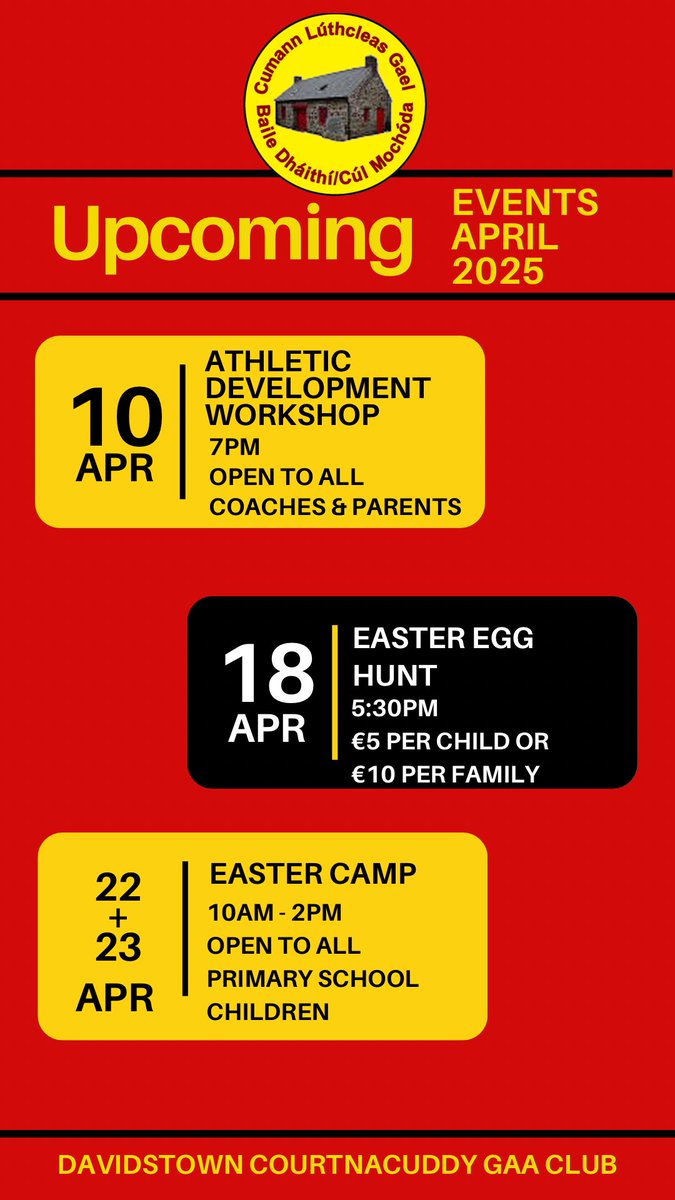 Upcoming Events @ Boolabawn:  April
Get all the latest news on the Davidstown Courtnacuddy GAA app member.clubspot.app/club/davidstow…