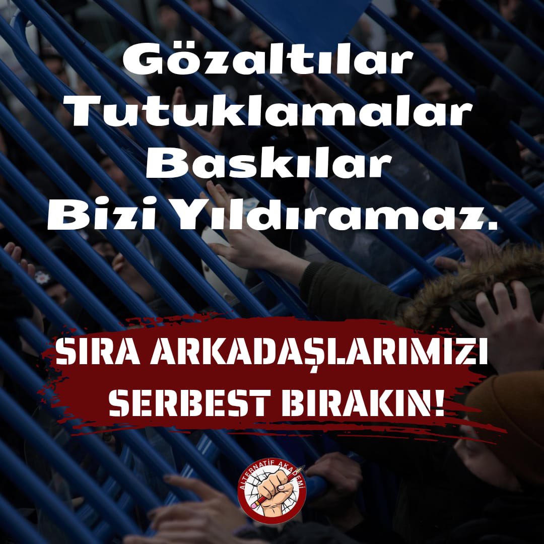 İradesine ve haklarına sahip çıkan arkadaşlarımız günlerdir hapiste. Özgürlük ve gelecek mücadelemizi gözaltılarla, tutuklamalarla ve baskılarla engelleyemeyeceksiniz. Mücadeleyi büyütmeye devam edeceğiz. Tüm arkadaşlarımızı alacağız!
