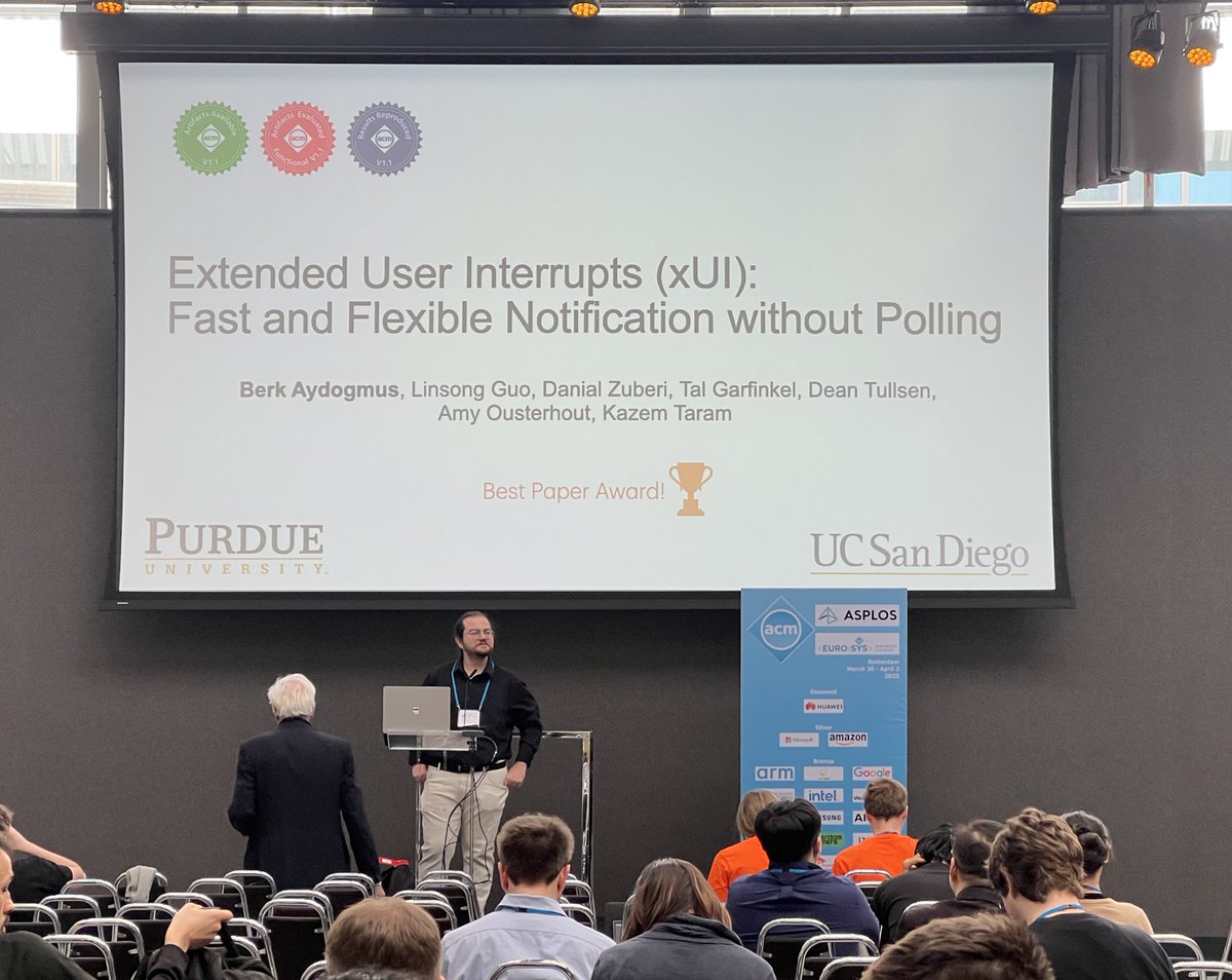 Kazem Taram (@mktaram) on Twitter photo So proud of my student, Berk, for presenting his first paper at asplos which also won the best paper award!!
Congrats to the team!
Can we have interrupts that are as fast as polling for fast IO/preemption so we donāt have to burn cores? paper: tinyurl.com/msw6cubh <a href="/PurdueCS/">Purdue Computer Science</a> So proud of my student, Berk, for presenting his first paper at asplos which also won the best paper award!!
Congrats to the team!
Can we have interrupts that are as fast as polling for fast IO/preemption so we donāt have to burn cores? paper: tinyurl.com/msw6cubh <a href="/PurdueCS/">Purdue Computer Science</a>