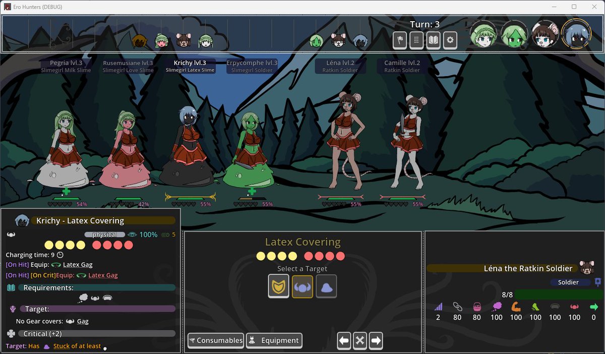 More slimegirls color coded for your convenience (their class defines their color).
The latex slime obviously specializes in equipping latex gear.