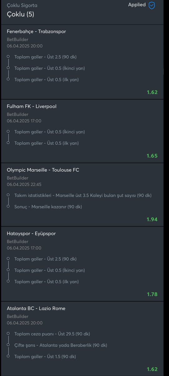 15 oran

Çoklu sigorta yaptık. (5 maç 1.50+ olduğu için, tekten kaybederse kupon, kupon bedeli freebet olarak yüklenecek)

@TR_Sportsbet_io 

Ayrıca bugün ; 
Fener-Trabzon
City-United
Roma-Juve maçlarını tekli aldığınızda 100$ a kadar freebet alabileceksiniz (kupon kaybederse)