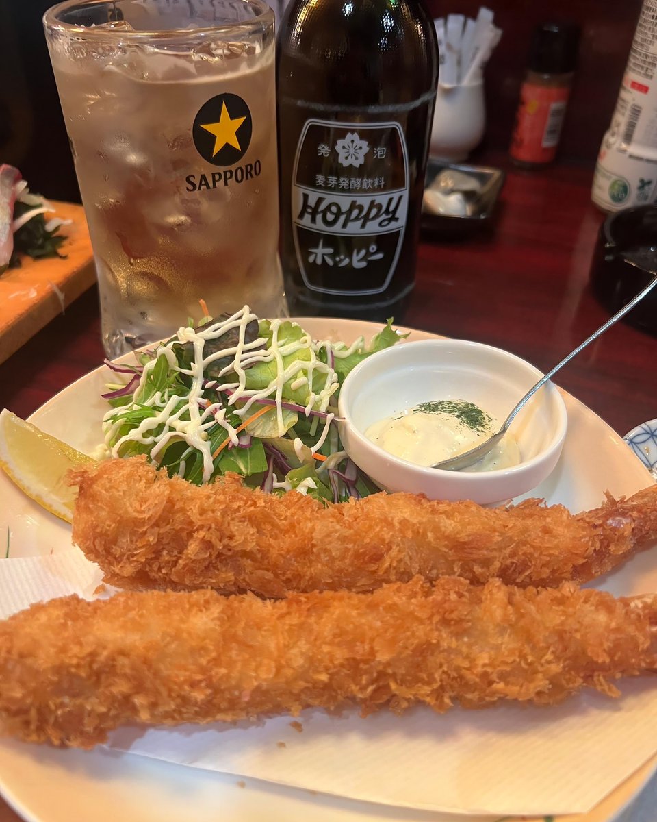 海老フライで飲むかー