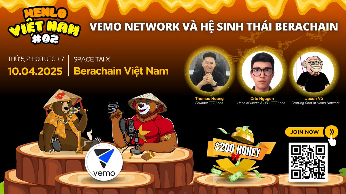 beravietnam's tweet photo. AMA “HENLO Việt Nam #02 – Vemo Network và hệ sinh thái Berachain” được tổ chức bởi Berachain Việt Nam 🐻⛓️ 🇻🇳| Phần thưởng 200 $HONEY

@VemoNetwork là một giao thức giúp đơn giản và phi tập trung hóa việc staking bằng cách chuyển các vị thế bị khóa (chẳng hạn như $BGT) thành NFT hoặc token staking thanh khoản (LST). Người nắm giữ có thể tự động nhận lợi suất trong khi vẫn duy trì tính thanh khoản, hoặc sử dụng $BGT làm tài sản thế chấp để vay $BERA.

Thông tin AMA:

🗓 Thời gian: 21h00 (UTC+7) Thứ 5 | 10/04/2025

🎤 Host: Berachain Việt Nam
- Thomas Hoang – Founder @ttt_lab
- Cris Nguyen – Head of Media & HR TTT Labs

🎤 Khách mời:
- Jason Vũ @JasonvuTech - Crafting Chef at Vemo Network

📍Địa điểm: AMA tiếng Việt tại X Berachain Việt Nam | @beravietnam 

✅ Nội dung chương trình AMA:
- Giới thiệu và tìm hiểu về Vemo Network
- Giao lưu trao đổi giữa các khách mời
- Giải đáp câu hỏi và giao lưu cùng khán giả

🎁 Phần thưởng: 200 $HONEY – 5 câu hỏi được chọn (30 Honey/câu), 5 người may mắn (10 Honey/người)
✅ Theo dõi @ttt_lab, @VemoNetwork, @beravietnam
✅ Like, RT, tag 3 bạn và bình luận về AMA
✅ Đặt câu hỏi tại: https://t.co/P28nlaaDHv
✅ Tham gia “Beras in Vietnam” TG: https://t.co/D9pXlDnXZq

#Berachain #vemo #TTT #beravietnam
