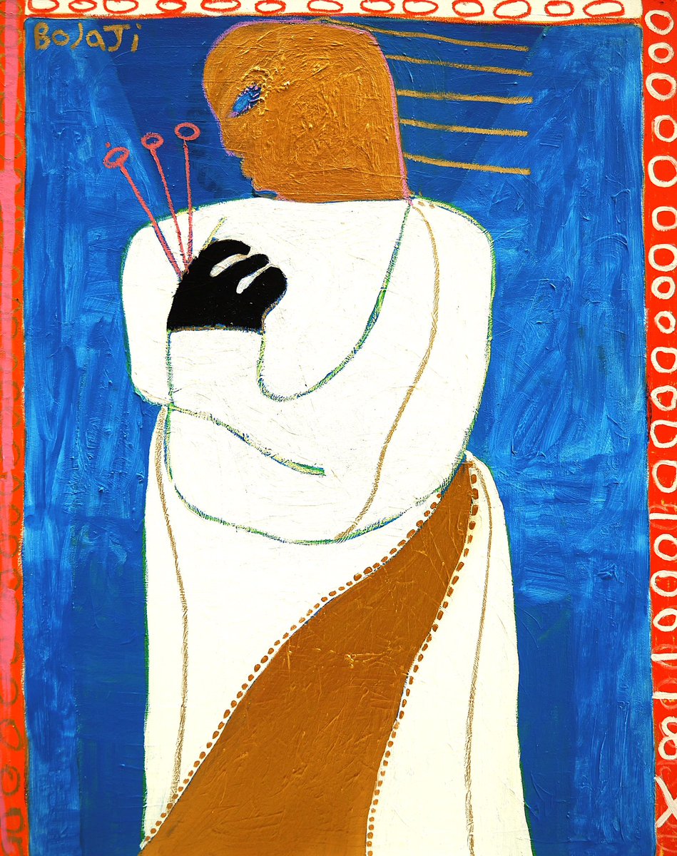 Title: To Be In Love Again. 2025 
[154 x 121 cm]- Acrylic, Gold Acrylic &amp; Oil Pastel on Linen 
Made at artist residency Jaipur-India
Sattva Theatre &amp; Art.