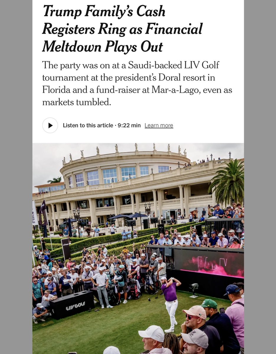 Can you imagine the uproar if President Biden skipped a dignified transfer of 4 dead U.S. soldiers to play golf (again) at his own resort instead, while at the same time, millions of 401Ks were being wiped out by his asinine tariffs?

Read more here: bit.ly/3XPr8FH