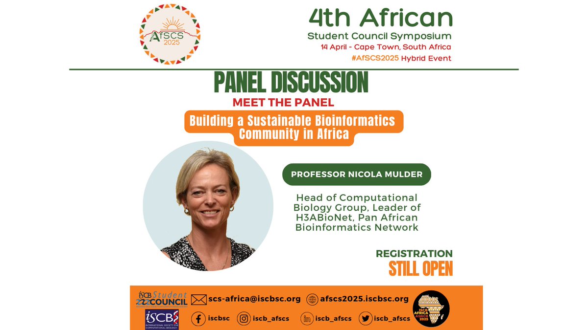 SCS-Africa 2025 (@iscb_afscs) on Twitter photo Meet Professor Nicola Mulder, one of the panelist for the panel discussion in the African Student Council Symposium
Do not miss out! register now and be part of the conversation shaping Africa's future in bioinformatics!
iscb.org/africa2025/reg… <a href="/iscbsc/">ISCB Student Council</a> <a href="/iscb/">ISCB News</a> <a href="/SASBi_Students/">SASBi Students</a> Meet Professor Nicola Mulder, one of the panelist for the panel discussion in the African Student Council Symposium
Do not miss out! register now and be part of the conversation shaping Africa's future in bioinformatics!
iscb.org/africa2025/reg… <a href="/iscbsc/">ISCB Student Council</a> <a href="/iscb/">ISCB News</a> <a href="/SASBi_Students/">SASBi Students</a>
