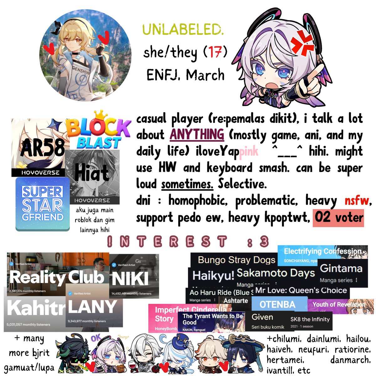 hallo, #anitwt #genshintwt #manhwatwt I'M SEEKING FOR NEW MUTUALS HIKS HIKS tolong jangan biarkan timeline aku ini kering kerontang kek kue lebaran yang gak laku. kelupaan, -15 dni yah. do not follow first and kinda selective :3