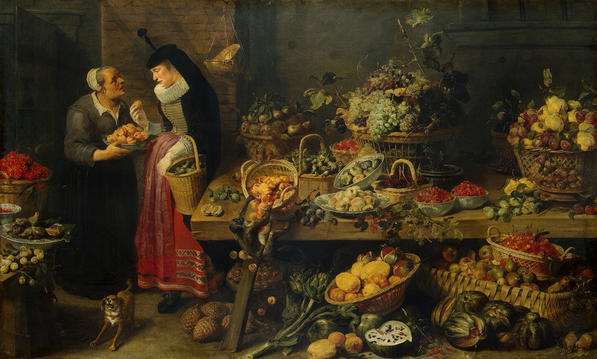 LC_Beguines's tweet photo. I love this Fruit Stall by Frans Snyders in the Hermitage (St. Petersburg), not least for these two women's outfits. So much going on in terms of class, materiality, textile production, regionalism. We need more work on #LowCountries dress history!
#ArtHistory
#Early Modern https://t.co/vLEKHkrMdo
