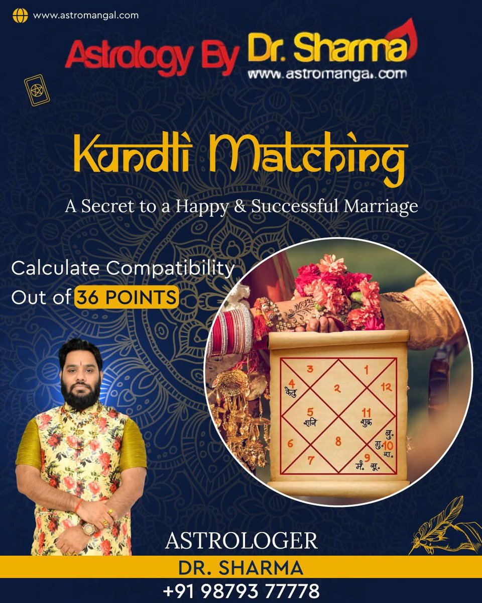 astromangal's tweet photo. 🔮 Perfect Match, Sahi Kundli Milan! 💑✨
Dr. Sharma ke saath Kundli Matching karaye aur apni shaadi ko sukhmay banaye! 📞 Contact now!"
#KundliMatching #PerfectMatch #AstrologyForMarriage #ShaadiSolutions #KundliMilan #MarriageCompatibility #VedicAstrology #AstrologyExpert https://t.co/jivY22VTAQ
