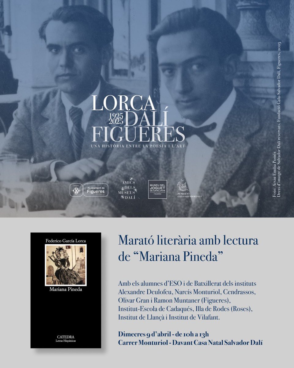 Ajuntament de Figueres (@ajfigueres) on Twitter photo 📖👨🎨 100 anys de la visita de Lorca a Dalí a #Figueres. Properes activitats:
📆 Dimecres 9 d’abril
🕝 De 10 a 13 h davant la <a href="/casanataldali/">Casa Natal Salvador Dalí</a>
🗣️ Marató literària amb lectura de “Mariana Pineda” per alumnes de 9 instituts de Figueres, Cadaqués, Roses, Llançà i Vilafant 📖👨🎨 100 anys de la visita de Lorca a Dalí a #Figueres. Properes activitats:
📆 Dimecres 9 d’abril
🕝 De 10 a 13 h davant la <a href="/casanataldali/">Casa Natal Salvador Dalí</a>
🗣️ Marató literària amb lectura de “Mariana Pineda” per alumnes de 9 instituts de Figueres, Cadaqués, Roses, Llançà i Vilafant