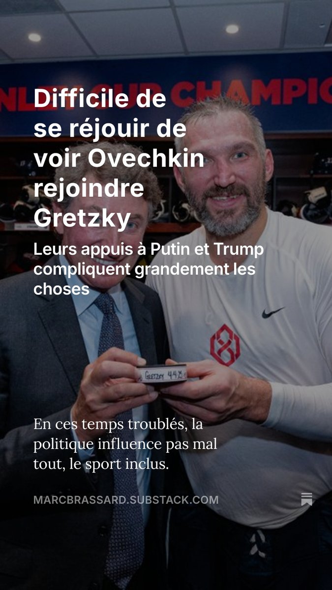 De retour sur mon 2-pad (Sub)stack pour parler du supporter de Putin qui a rejoint celui de Trump au sommet des buteurs de l’histoire de la LNH. 
marcbrassard.substack.com/p/difficile-de…