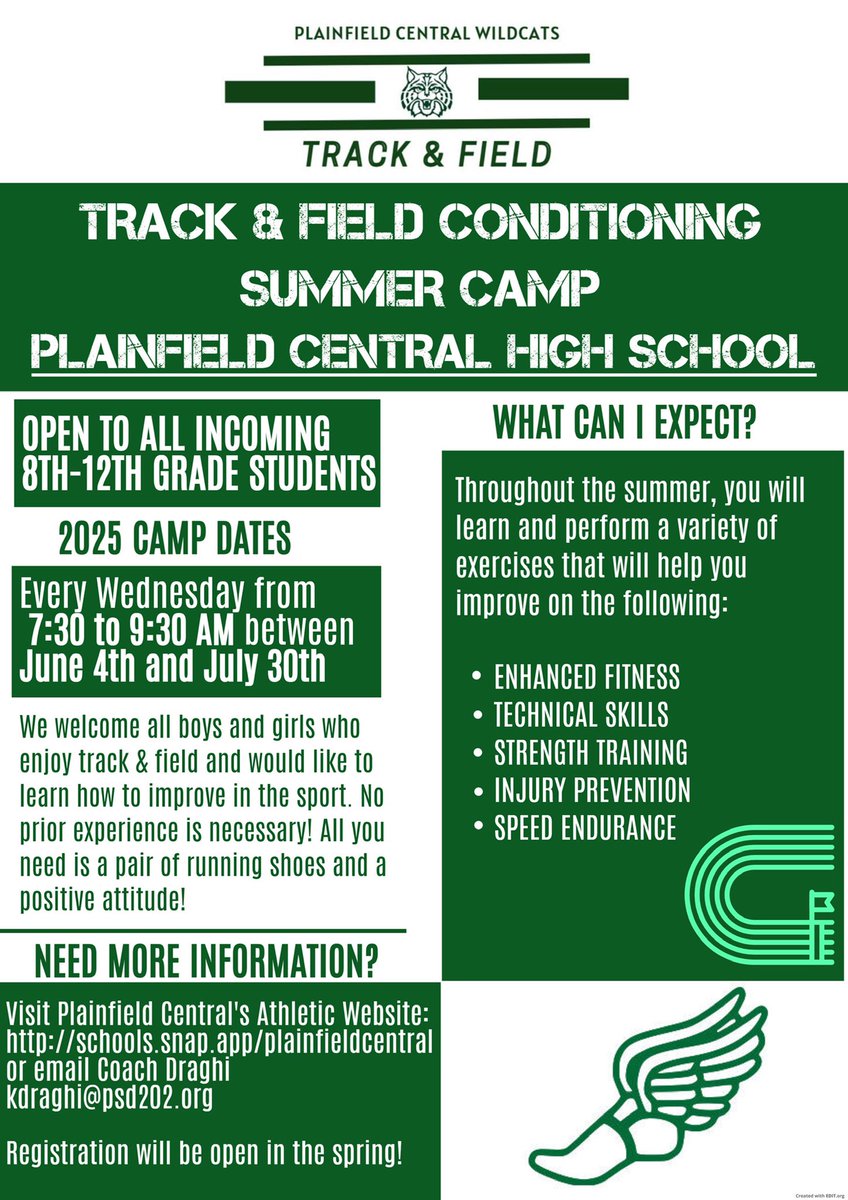 Plainfield Central Track &amp; Field is excited to offer our Conditioning Summer Camp to all incoming 8th - 12th grade students. No prior experience is necessary. Contact Coach Draghi if you have any questions. 

Link to register: manage.snap.app/register/plain…