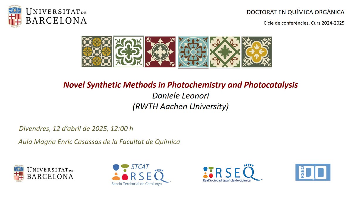 📢 We are pleased to welcome Professor Daniele Leonori from the RWTH Aachen University, who will be giving a talk as part of the Organic Chemistry PhD Programme lecture series.  

➡️ Friday, 12 April, at 12.00h - Aula Magna Enric Casassas - Facultat de Química